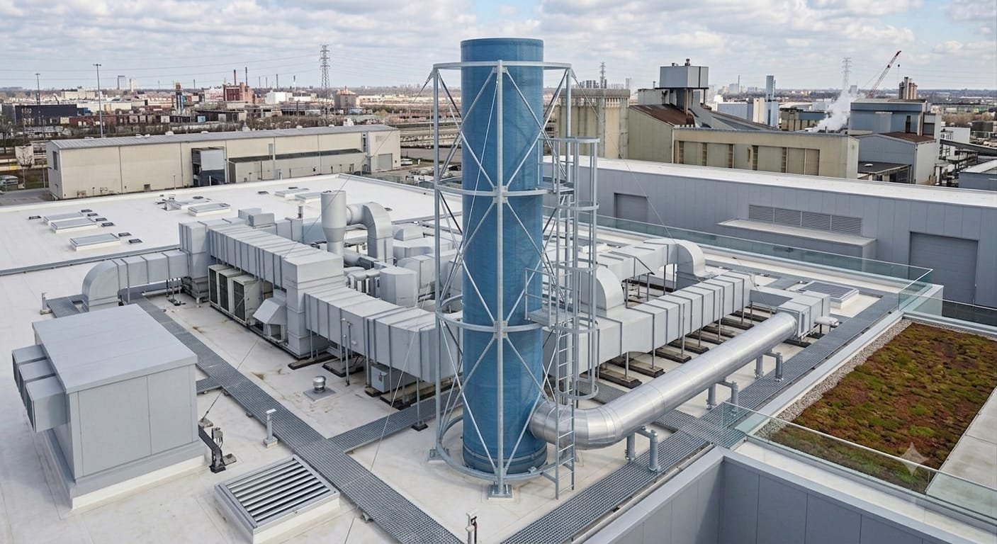 An Exostack unit on an industrial rooftop: a blue PTFE-coated fabric duct held inside an aluminium lattice exo-skeleton, guyed to the roof deck among air handling plant.